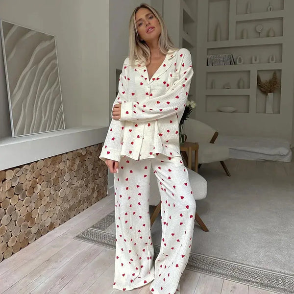 Kuschella Pyjama Set mit Herzchenmuster – Langarm, Zweiteilig, 100% Baumwolle